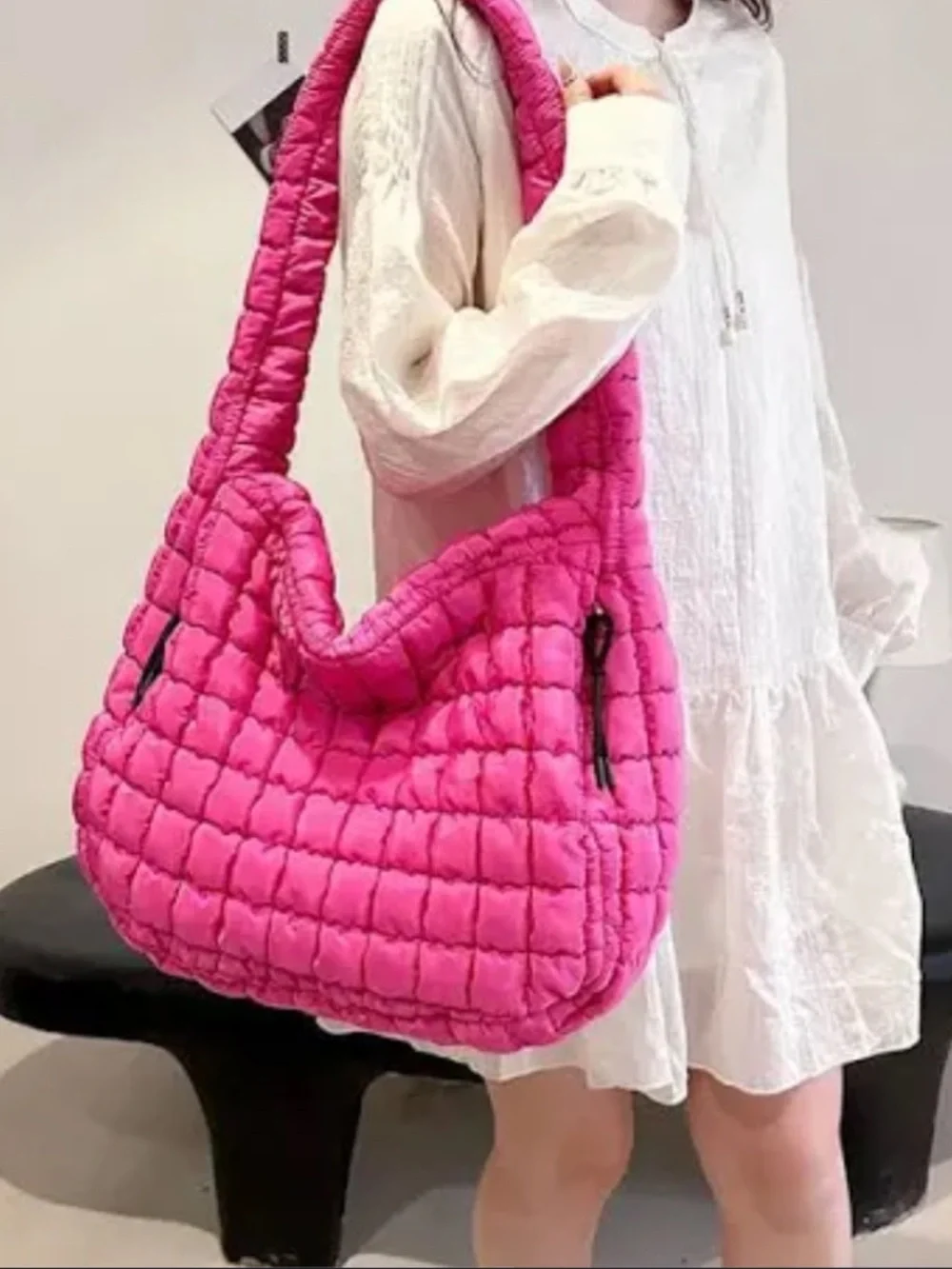 Hot Pink Quilted Puffer Shoulder Bag